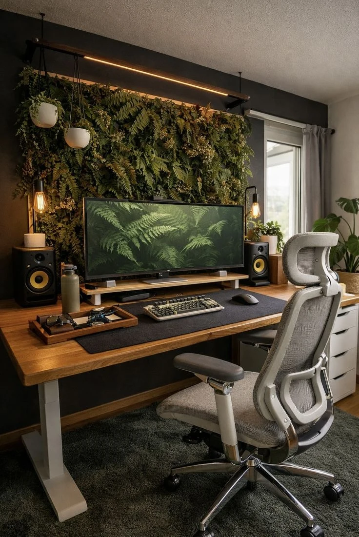 An indoor plant wall creates a lush backdrop above a wood desk