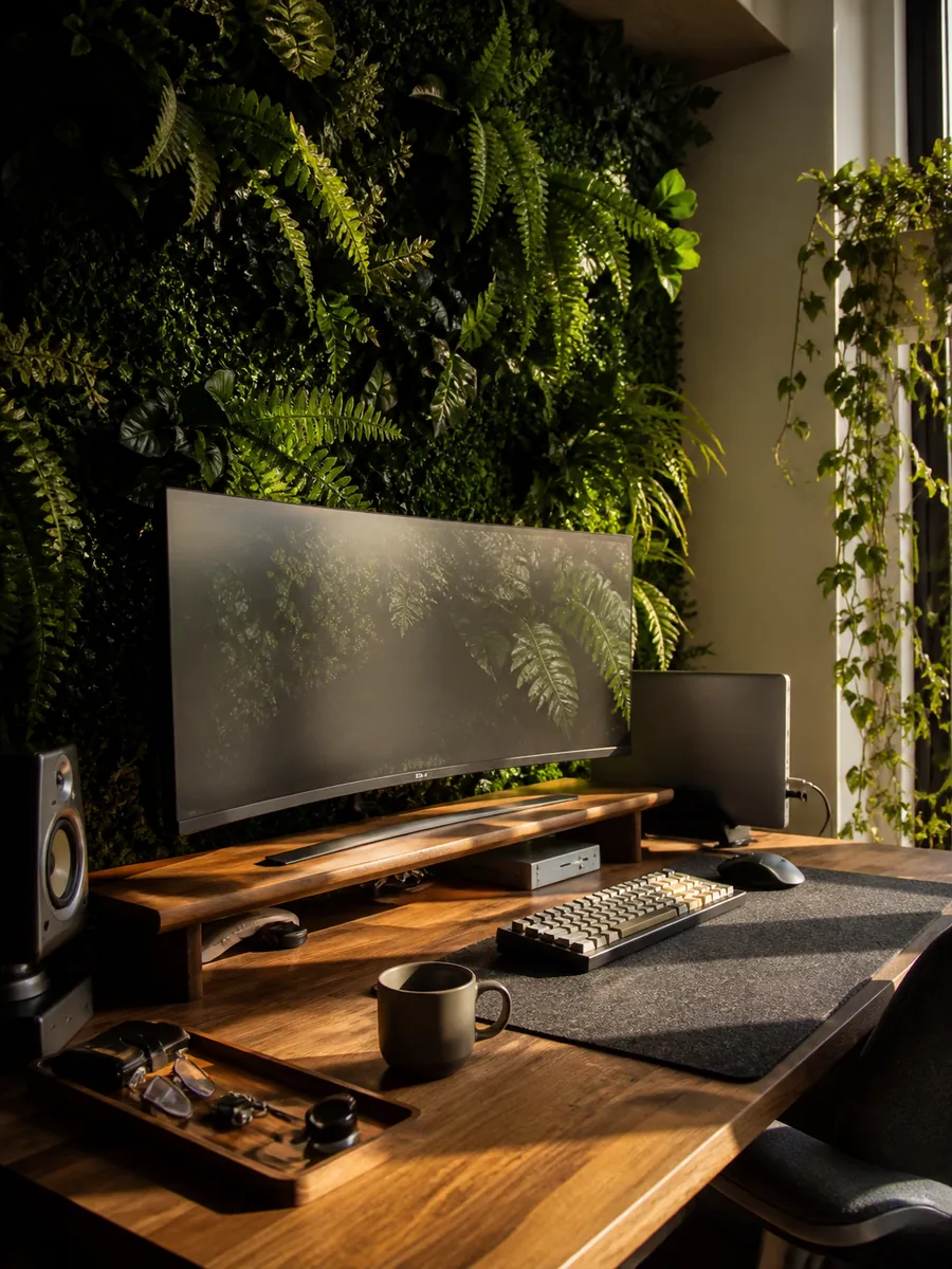 AI-generated room concept: an oak desk, curved monitor and layered fern foliage in afternoon sunlight